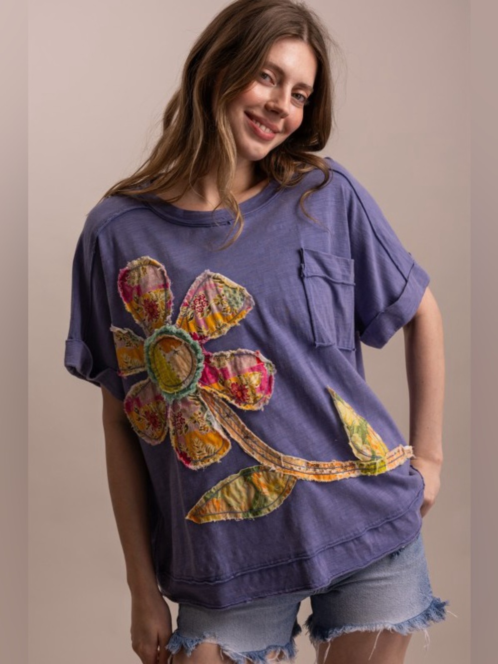 Bluevelvet Navy blue floral patchwork boho embroidered western tunic top shirt